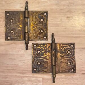 Antique Victorian Ornate Brass Door Hinges Decorative Architectural Salvage Pair